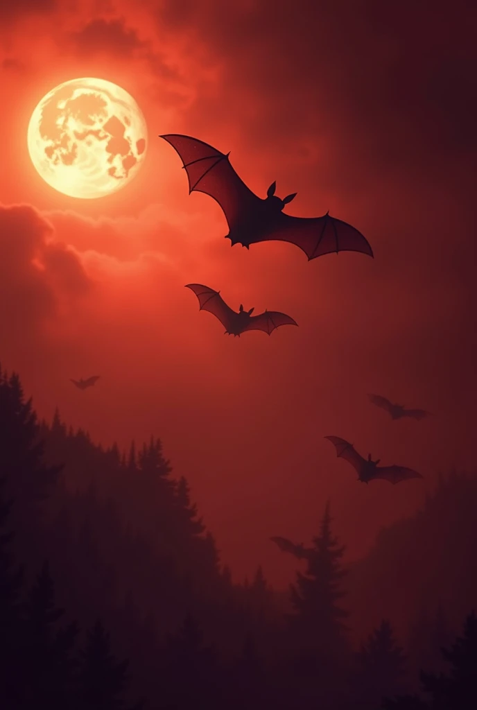 Bats on the right on a night with a reddish sky and a bright moon on the left
