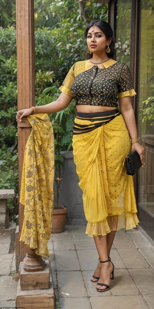 Day scene, A radiant, full-figured South Indian 35 year old aunty a yellow colour chiffon mini skirt and black chiffon shirt, standing, in a garden captured in a full-body image with vibrant hues and meticulous details. Full body image