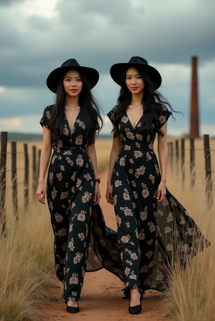 (Close-up of a better masterpiece:1.5)photo profesional beautiful woman, original photo
original photo of two 34 year old curve Asian women with long black hair, wearing hat,wearing black floral dress, black shoes, walking with savanna background, tall dry wild grass, wooden fence stretching, rusty chimney, dark clouds