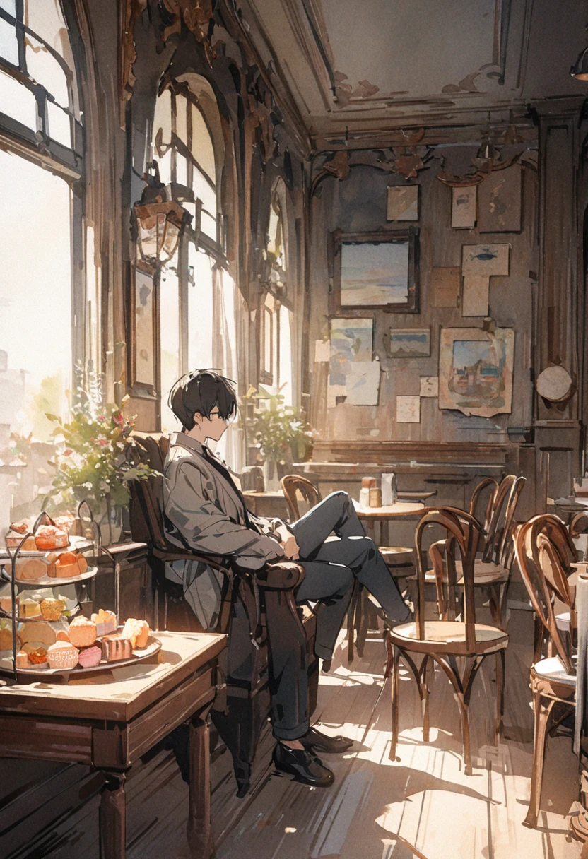 masterpiece,最high quality,Very detailed,High resolution backgrounds,8k,there is nothing,high quality,break,japanese manga style, sketch, Watercolor Colors,Cafe with a nice atmosphere,antique interior,Stylish interior,,slowly,relax,sweets, A boy is sitting on a chair