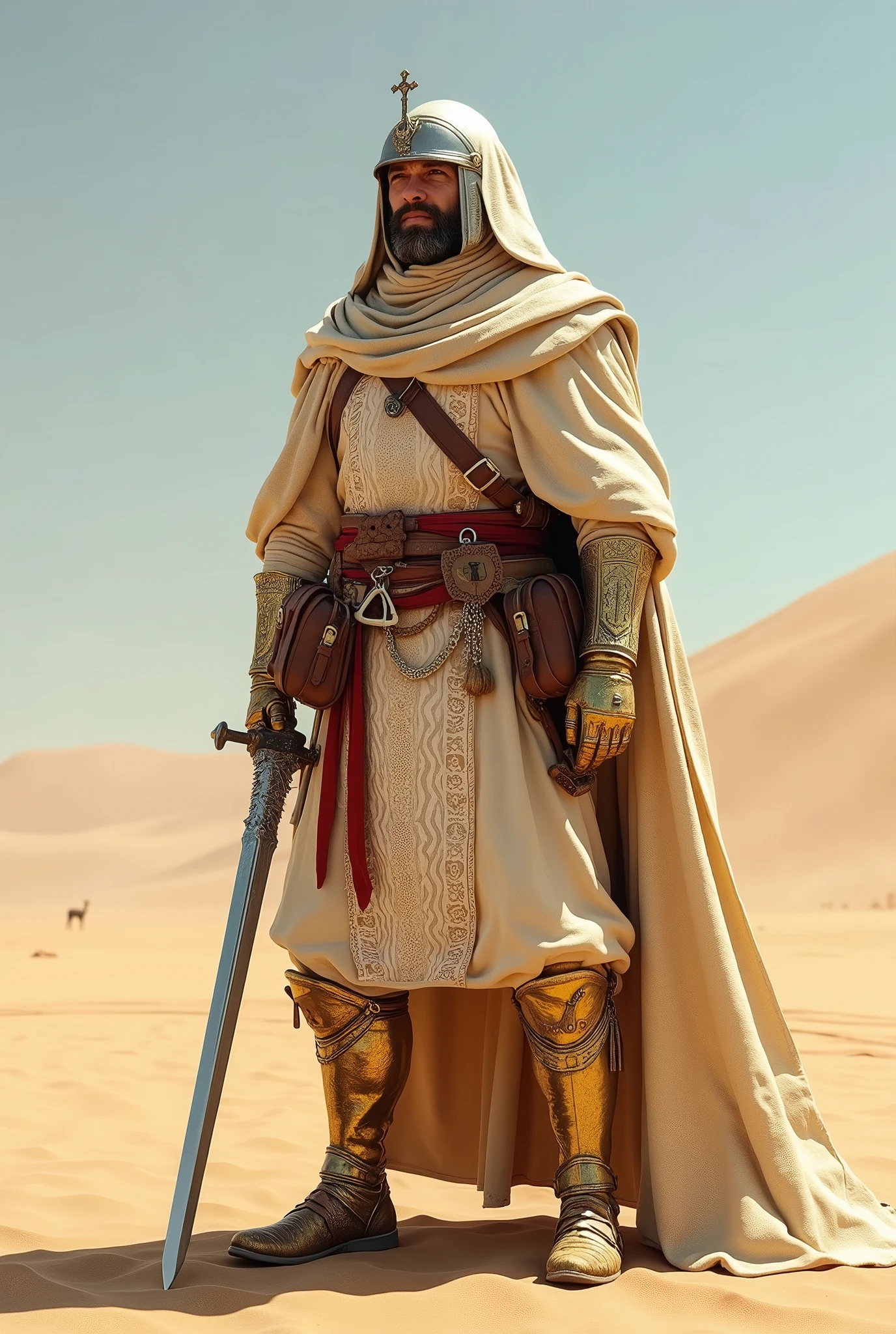 A regal figure stands cloaked in desert hues, beige and cream robes with intricate white patterns, clasping a silver sword adorned with a cross, a void-like helmet, a crimson sash, various leather pouches, a bone pendant, flintlock pistol, and detailed golden armor on limbs give contrast, soft sky, an open bright backdrop,