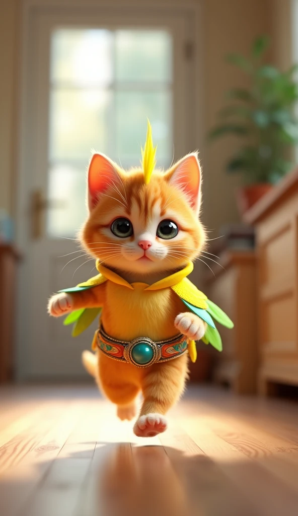 3D cute kitten character、Happy parakeet costume、running、Inside the house、masterpiece, Background Blur, Belt decorated with parakeets、Close your mouth, 