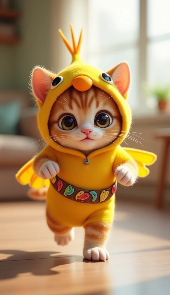 3D cute kitten character、Happy parakeet costume、running、Inside the house、masterpiece, Background Blur, Belt decorated with parakeets、Close your mouth, 