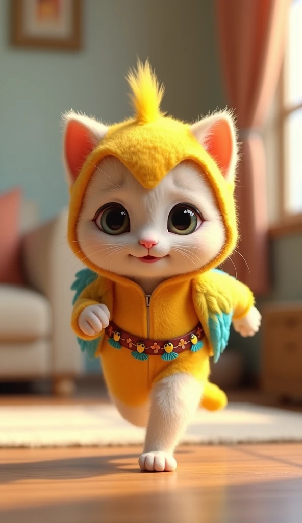 3D cute kitten character、Happy parakeet costume、running、Inside the house、masterpiece, Background Blur, Belt decorated with parakeets、Close your mouth,