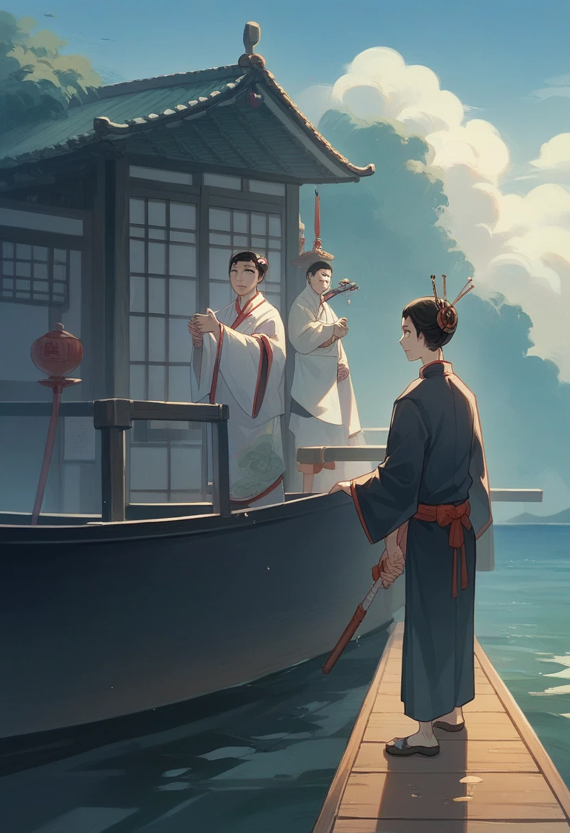 best quality，People wearing Hanfu standing on the boat ，Anime characters wearing Hanfu, Chinese, 穿着ancient China的衣服, ancient China, 身着ancient China服饰, Chinese traditional clothing, Chinese Fantasy