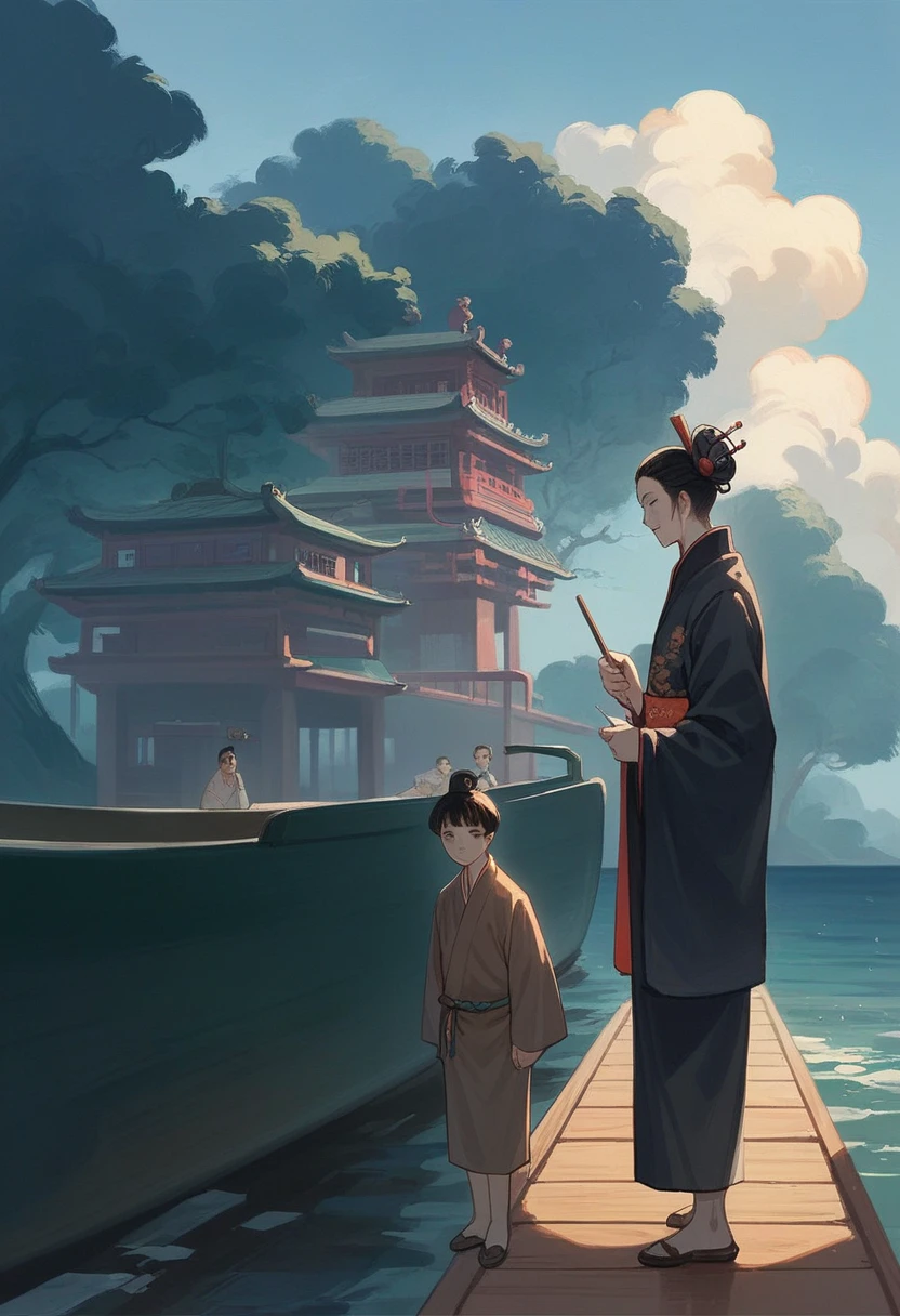 best quality，People wearing Hanfu standing on the boat ，Anime characters wearing Hanfu, Chinese, 穿着ancient China的衣服, ancient China, 身着ancient China服饰, Chinese traditional clothing, Chinese Fantasy