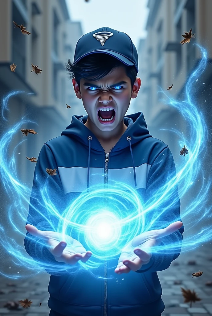 a young real age age . 19 Malaysia Indonesia.(Blue eyes) Glowing eyes. Anger face. Open mouth. . wearing an (navy blue white ) zip-up shirt, (nay blue white) navy blue cap with small logo (tornado) logo. Enger face . Dramatic.navy blue hoodie., detailed face, cinematic lighting, dramatic atmosphere,. Winter day. vibrant colors, 8k, high quality, photorealistic. Hero suit. Wind come from his hand. Glowing white wind element from hand, tornado everywhere . Glowing hand lightblue .navy blue , wind logo design . Very strong. Future design dress. Very epic. Very cool background.. dark sky. Very strong. Tornadastorm . Wind very strong . Flying dry leave everywhere.. wind ball sharp shape power from hand .rasengan . At city. Damage building. Floating small rock everywhere.