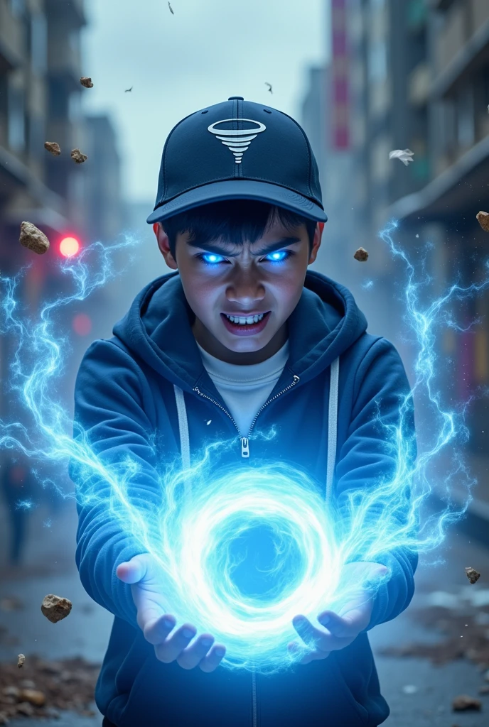 a young real teenage age . 19 Malaysia Indonesia.(Blue eyes) Glowing eyes. Anger face. Open mouth. . wearing an (navy blue white ) zip-up shirt, (nay blue white) navy blue cap with small logo (tornado) logo. Enger face . Dramatic.navy blue hoodie., detailed face, cinematic lighting, dramatic atmosphere,. Winter day. vibrant colors, 8k, high quality, photorealistic. Hero suit. Wind come from his hand. Glowing white wind element from hand, tornado everywhere . Glowing hand lightblue .navy blue , wind logo design . Very strong. Future design dress. Very epic. Very cool background.. dark sky. Very strong. Tornadastorm . Wind very strong . Flying dry leave everywhere.. wind ball sharp shape power from hand .rasengan . At city. Damage building. Floating small rock everywhere.
