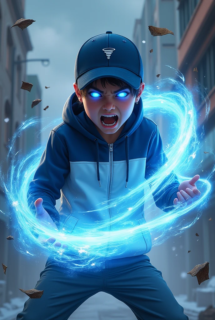 a young real teenage age . 19 Malaysia Indonesia.(Blue eyes) Glowing eyes. Anger face. Open mouth. . wearing an (navy blue white ) zip-up shirt, (nay blue white) navy blue cap with small logo (tornado) logo. Enger face . Dramatic.navy blue hoodie., detailed face, cinematic lighting, dramatic atmosphere,. Winter day. vibrant colors, 8k, high quality, photorealistic. Hero suit. Wind come from his hand. Glowing white wind element from hand, tornado everywhere . Glowing hand lightblue .navy blue , wind logo design . Very strong. Future design dress. Very epic. Very cool background.. dark sky. Very strong. Tornadastorm . Wind very strong . Flying dry leave everywhere.. wind ball sharp shape power from hand .rasengan . At city. Damage building. Floating small rock everywhere. 