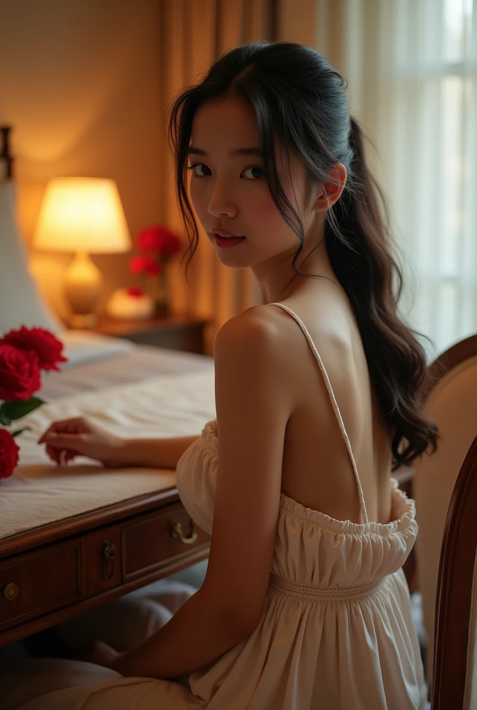 The indonesian girl (17yearsold), curvacious, tied hair, huge breasted, wearing sleeveless knee-lenght nightgown. sitting at the dressing table. The luxurious bedroom is decorated with red roses and a mosquito net with the night light as a background detail. Look at the viewer, natural light, realistic photography, wide angle shot from side.