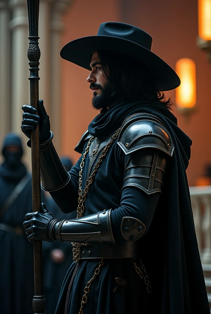 1boy, 2others, church, Highly detailed RAW color Photo, holding staff, holding, cowboy shot, black hair, gloves, hat, hood, cape, from side, profile, makeup, chain, pale skin, robe, pillar,
shoulder armor, gauntlets, pauldrons, mask, dark, full armor, all black armor, black cloak, occult, dark theme, black theme, jewelry, dark, elegant, royal, headpiece, robot, mechanical arm, sci fi, cyborg, robotic circuits, glowing fiber optic cables,
glistening, glowing, dark lighting, dof, depth of field, realistic, dark background, light partials, CINE, fire embers, low-key,