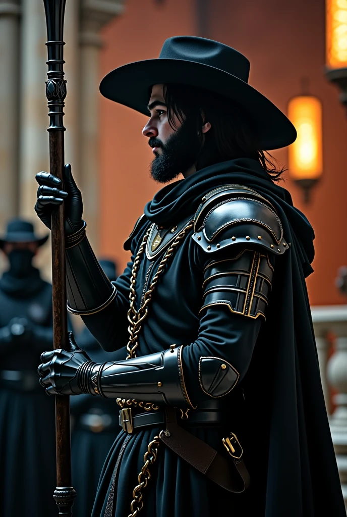1boy, 2others, church, Highly detailed RAW color Photo, holding staff, holding, cowboy shot, black hair, gloves, hat, hood, cape, from side, profile, makeup, chain, pale skin, robe, pillar,
shoulder armor, gauntlets, pauldrons, mask, dark, full armor, all black armor, black cloak, occult, dark theme, black theme, jewelry, dark, elegant, royal, headpiece, robot, mechanical arm, sci fi, cyborg, robotic circuits, glowing fiber optic cables, 
glistening, glowing, dark lighting, dof, depth of field, realistic, dark background, light partials, CINE, fire embers, low-key,