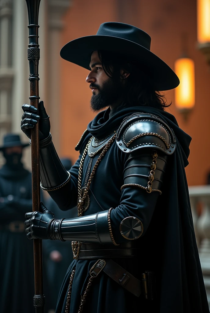 1boy, 2others, church, Highly detailed RAW color Photo, holding staff, holding, cowboy shot, black hair, gloves, hat, hood, cape, from side, profile, makeup, chain, pale skin, robe, pillar,
shoulder armor, gauntlets, pauldrons, mask, dark, full armor, all black armor, black cloak, occult, dark theme, black theme, jewelry, dark, elegant, royal, headpiece, robot, mechanical arm, sci fi, cyborg, robotic circuits, glowing fiber optic cables, 
glistening, glowing, dark lighting, dof, depth of field, realistic, dark background, light partials, CINE, fire embers, low-key,