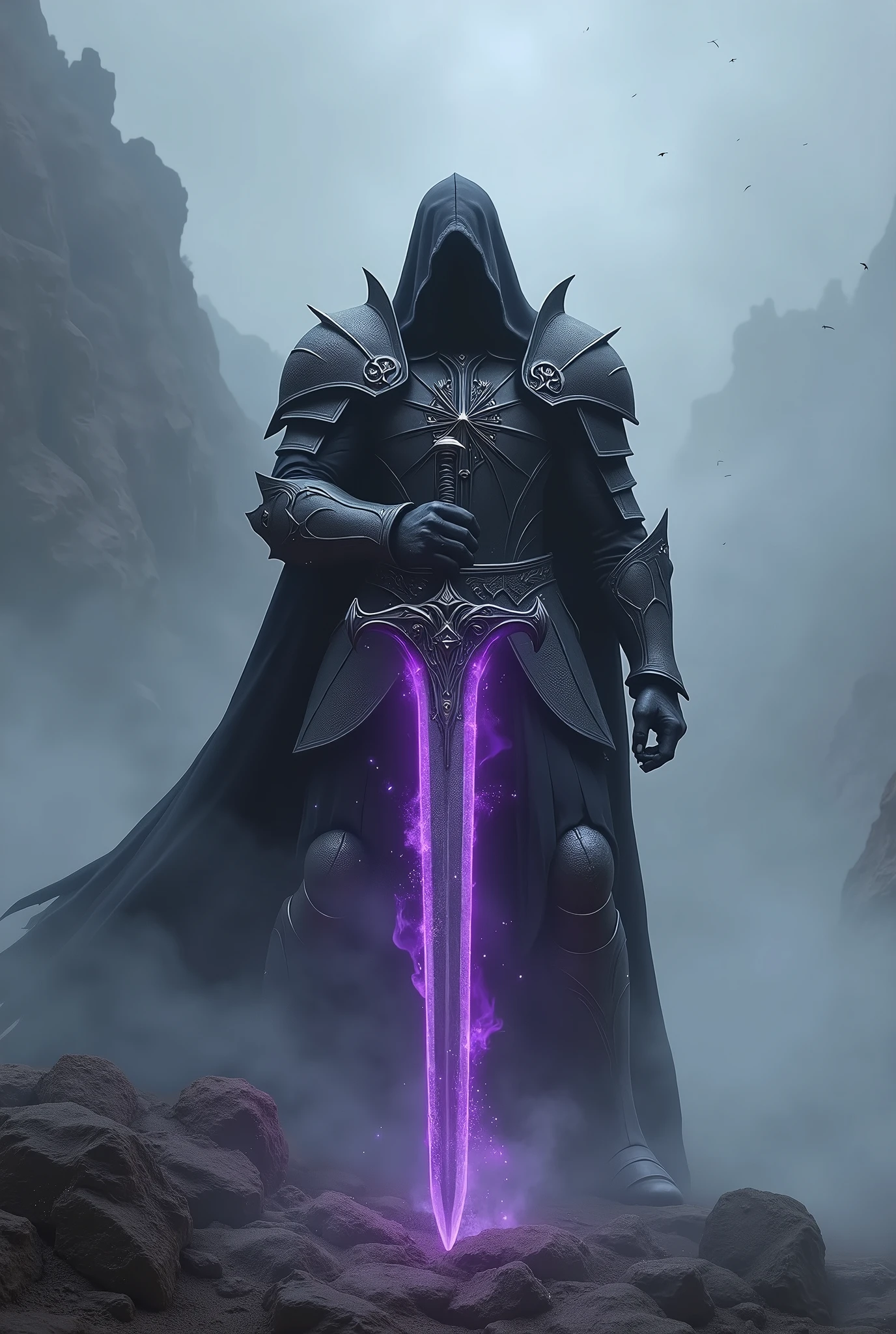 Dark paladin in the fog with sword covered in purple fire
