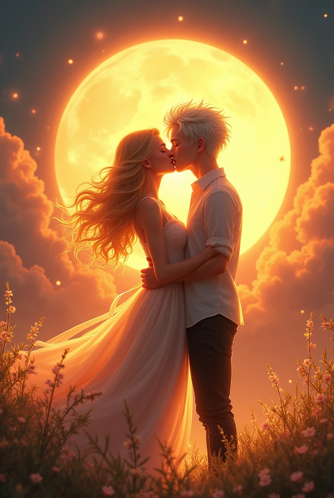 Here is a tip for creating images in English，The image depicts a girl who resembles the sun and a boy who resembles the moon sharing a French kiss:

"Create a picture，A girl who is the sun and a boy who is the moon are sharing a French kiss. Girls should have features that reflect the sun – blond hair，Seems to be glowing with warmth, Radiant Skin, Bright, fiery eyes. Boys should be like the moon, with silver hair，Shining gently, pale, Cool skin, gentle, Calm eyes. They should be standing in a dusk scene，That&#39;s where day and night meet, Their lips lightly touched in an intimate French kiss, The surroundings are a mixture of warm sunlight and cool moonlight.."