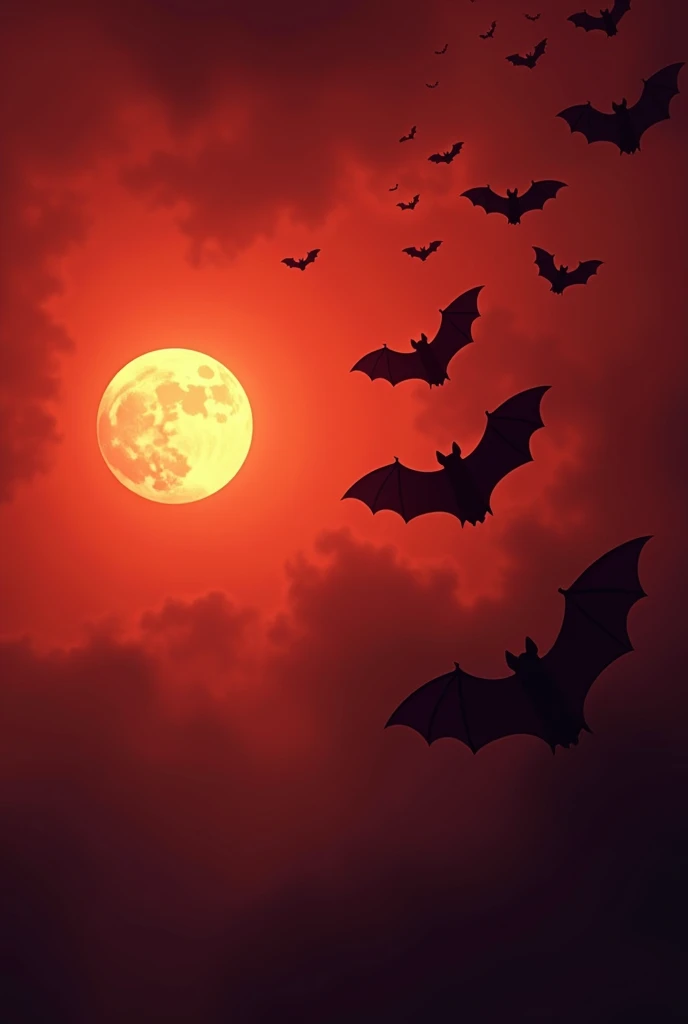 Bats on the right on a night with a reddish sky and a bright moon on the left
