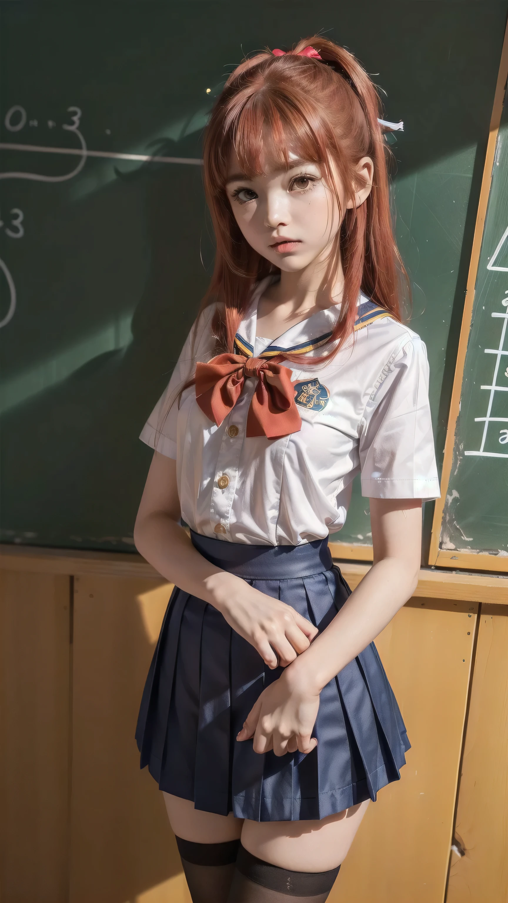 ((top quality, ultra-detailed, high resolution, extremely detailed CG, unity 8k wallpaper, by famous artist, perfect anatomy, super detailed skin, cinematic lighting, UHD, retina, anatomically correct, 1080P)), (Please draw a single one happy girl walking in a classroom school :1.3), ((1girl)), (Solo, face,13-year-old:2.0), a junior high school student, ((cute petit girl, chibi, babyface)) androgynous charm, (Medium hair, ((full red hair)) ((redhead)), pigtails, straight bangs, with a bow in her hair, ((very thin legs)), ((skinny legs, thin body, small build)), Full limbs, complete fingers, ((perfect fingers and hands)), flat chest, small breasts, childish body, small butt, groin, Beautiful detailed full yellow gold eyes, perfect eyes, sailor school uniform, ((blue skirt)) and white blouse, ((red bow on the blouse)), blue sailor collar, short sleeves, stockings, socks outlined with black stripe, shoes, (Detailed Lighting), ((classroom background)), (Detailed scenary background), ((in the school zone)), full body view, ((standing)), legs. Cute, kawaii single girl (one girl), full body shot. ((Background is the school)), front body, ((little young  body:1.3)), ((A natural, correctly proportioned hands)), ((Straight bangs cut just to the eyebrows, perfectly aligned and not moving to the side:1.3))