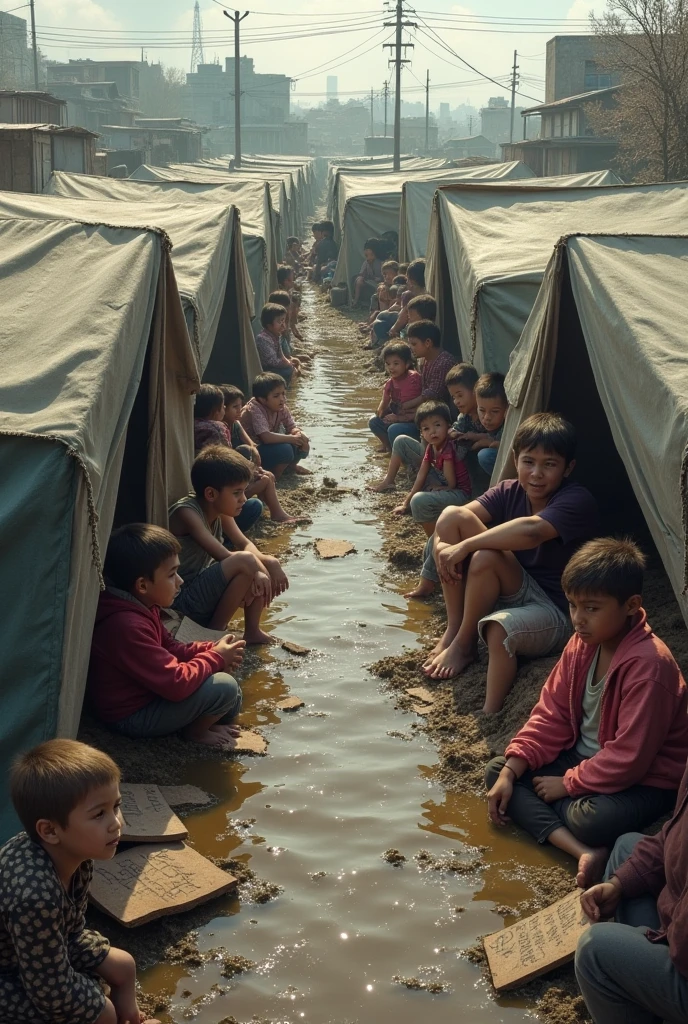 Temporary shelters with flood-affected families seeking refuge.