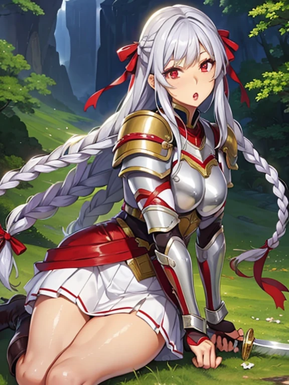 Silver hair with braids on both sides and red ribbons、A beautiful girl with red eyes the same color as her ribbon、leather armor、Breastplate only、Tunic、Flared skirt long boots、sword