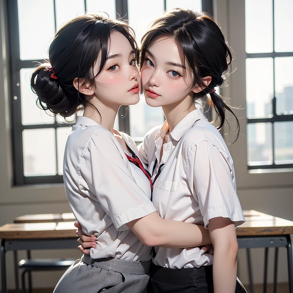 (masterpiece, best quality), perfect anatomy, perfect hands, two school girls are deeply in love with each other, romantic atmosphere