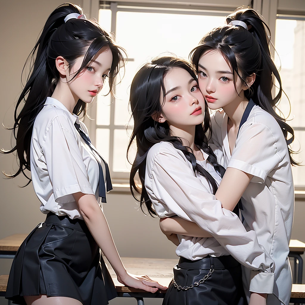 reversed gangbang, three girls sucking a cock, hetero, 1boy, lick penis, fellatio, uncensored, solo focus, close-up, facial, nsfw, 3girls, nude, schoolgirls, ((sex scene)), cum, cum on face, (masterpiece: 1.4), (8K, realistic, raw photo, best quality: 1.4), Japanese girl, beautiful cute face, (real face: 1.4), beautiful hairstyle, realistic brown eyes, beautiful detail eyes, (real skin: 1.3), beautiful skin, attractive, ultra high resolution, illustration, ultra realistic, school uniform, short black hair