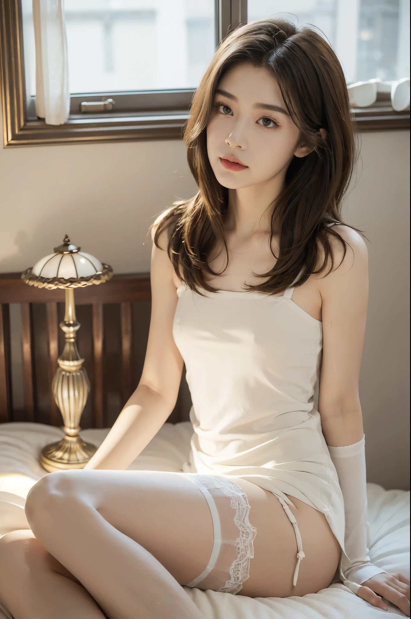 (((best quality))),(((ultra detailed))),(((masterpiece))),illustration,((1 beautiful girl,solo)),(medium straight bob hair:1.2),((slim,thin)),((small breasts,flat chest)),(sitting on the bed:1.3),(in bedroom:1.3),(white sheer dress:1.3),(stockings:1.3),(slender legs:1.2),distant look,lost in thought,tastefully decorated,warm,inviting color palette,soft beige walls,luxurious comforter,deep gold color,nightstand,lamp,book,dresser,open window,glimpse of garden,calm atmosphere,peaceful,underlying tension,confusion,internal conflict,stark contrast,warmth of room,coldness of gaze,introspection,inner turmoil,complex emotions,(night scene:1.5),((from front,upper body))