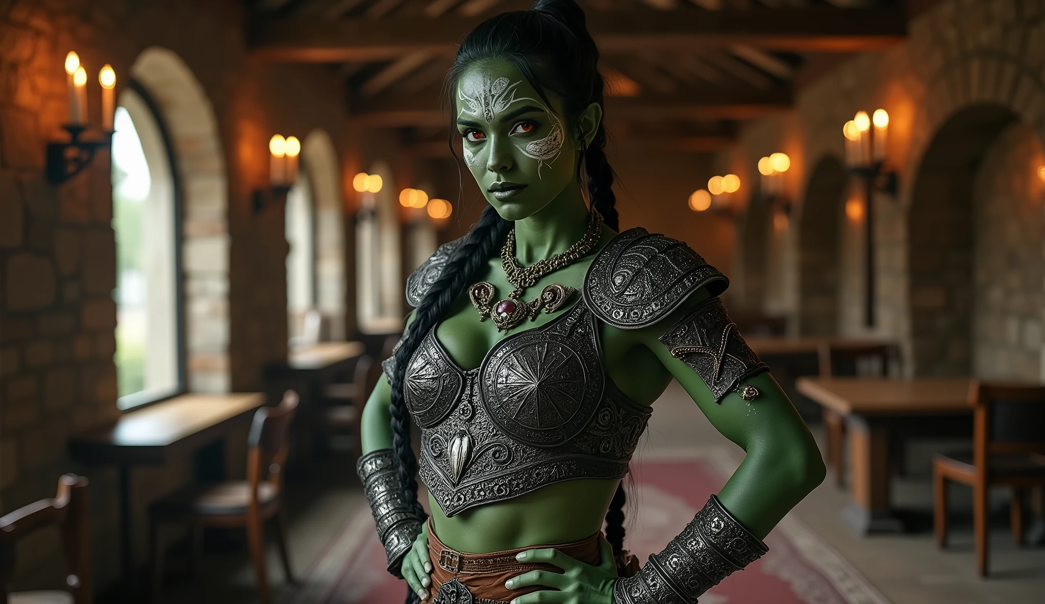 woman, shewoworc, olive green skin, (perfect face), defined jawline, beautiful dark green lips, (beautiful bright red eyes), (long black braided ponytail:1.2), (green skin), (perfect anatomy), (athletic body), (sexy), exposed midriff, abs, (white tribal face paint;1.2), (intricate black tribal heavy-plated rugged breastplate, white fur lining:1.2), (intricate silver arm bracers studded with gems), (intricate ancient tribal bone necklace), (standing, hand on waist, flexing biceps), (looking at viewer), (medium shot photograph), (medieval fantasy tavern interior background:1.2), realistic