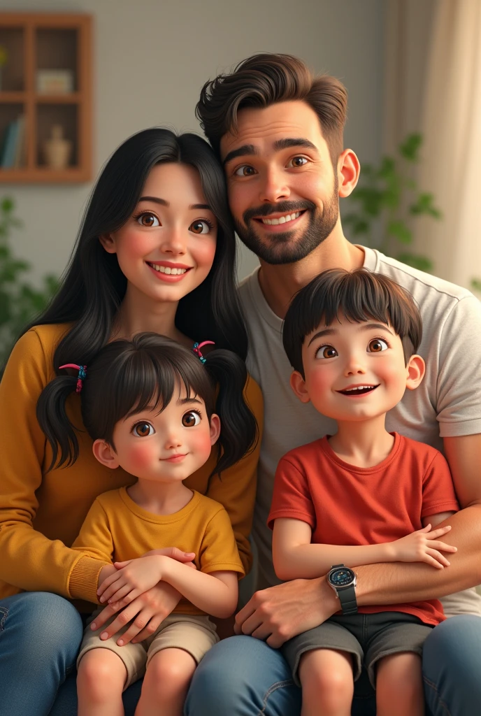Family 4 people. woman with long, straight black hair, 42 year old man with beard and muscular body, couple of children