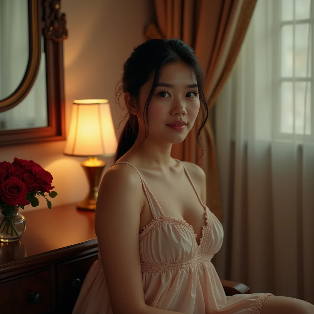 The indonesian girl (arsold), curvacious, tied hair, huge breasted, wearing sleeveless knee-lenght nightgown. sitting at the dressing table. The luxurious bedroom is decorated with red roses and a mosquito net with the night light as a background detail. Look at the viewer, natural light, realistic photography, wide angle shot from side.