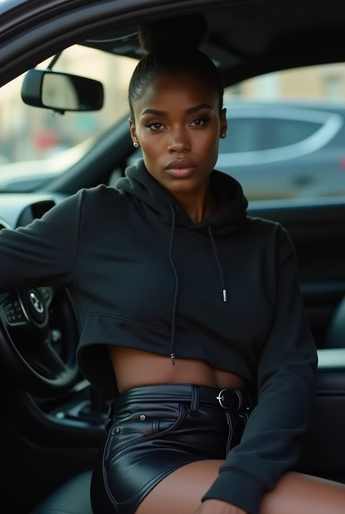 Black woman wearing leather short shorts up in crack black hoodie hair in a bun setting in car seat
