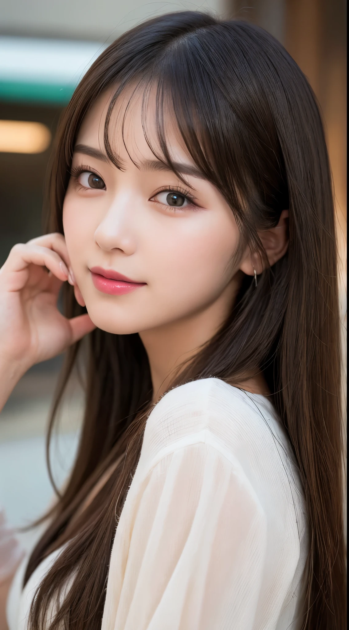 Highest quality, shape, Very detailed, In detail, High resolution, 8k wallpaper, Perfect dynamic composition, Beautiful attention to detail, ランダムなcute髪,,Natural color lip,smile、20-year-old girl、cute、常にBlur the background,Perfect and beautiful face,Photograph only the face,Beautiful and elaborate face、Slim face and shape,Big eyes、Putting on gal makeup,Blur the background,Blur the background,Face close-up、Real human skin,Detailed skin:1,4、RAW Photos、Actual Photos、Gal Fashion(Harajuku)