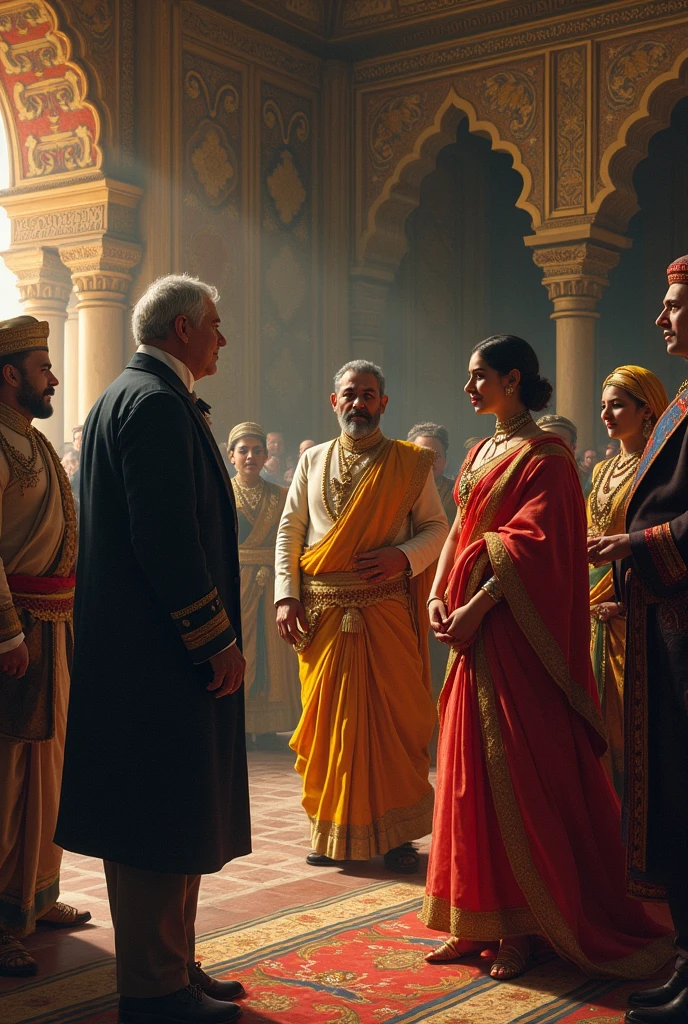 **East India Company Officials in Indian Royal Courts:** A depiction of British East India Company officials in the royal court of an Indian ruler, with a mix of tension and diplomacy, showcasing the cultural exchange and conflict.