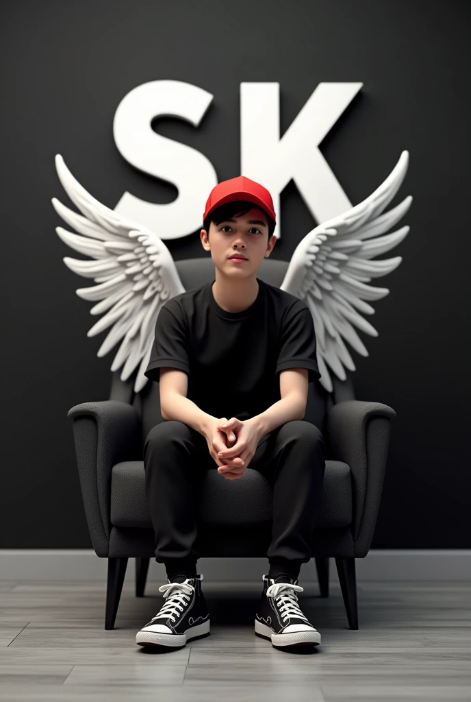 Create a 3D illusion for a Instagram profile picture where a 2 boy in a black shirt sits casually on a Wingback Chair. Wearing sneakers, a Red cricket cap, and , he looks ahead. The background features "SK" in big and capital white fonts on the black wall. There should not be his shadow, and there are wings to make it appear as if he is an SNIPAR GAN