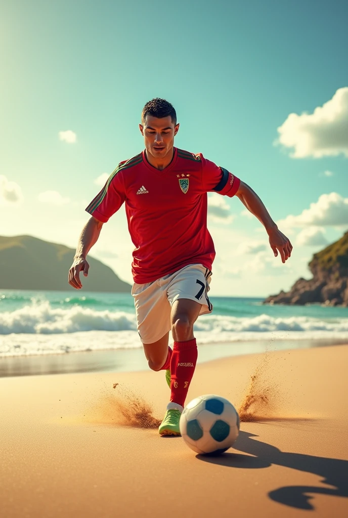 Cristiano ronaldo playing football in beach
