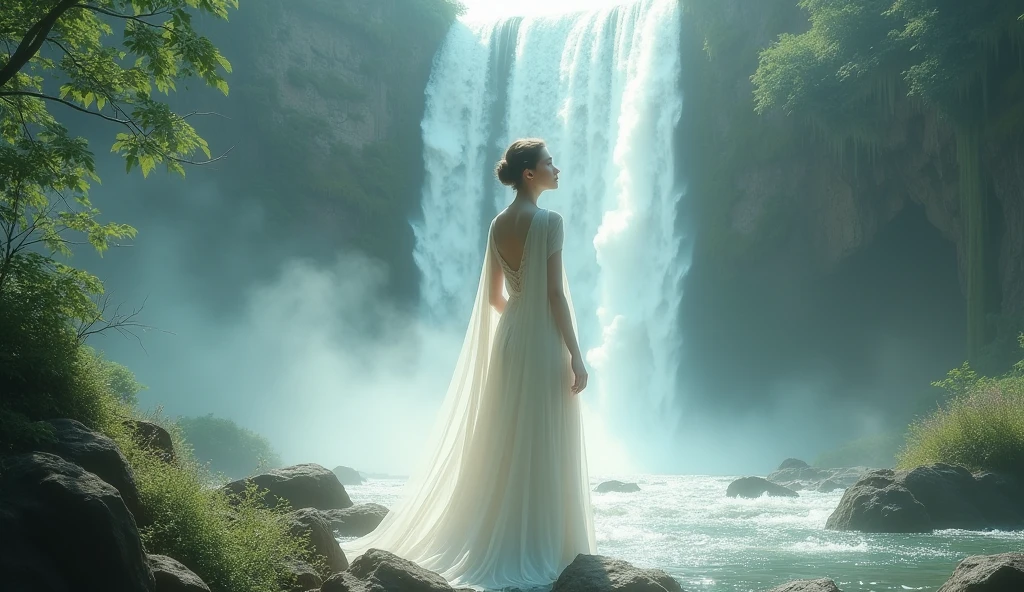 arafed woman in a white dress standing in front of a waterfall, a detailed matte painting inspired by Lan Ying, cgsociety contest winner, fantasy art, cinematic goddess shot, still from a fantasy movie, cinematic. by leng jun, a beautiful fantasy empress, cinematic goddess close shot, wearing flowing robes, cinematic goddess body shot, elegant cinematic fantasy art