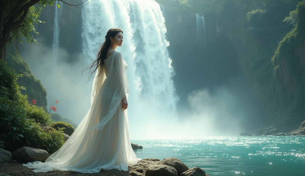 arafed woman in a white dress standing in front of a waterfall, a detailed matte painting inspired by Lan Ying, cgsociety contest winner, fantasy art, cinematic goddess shot, still from a fantasy movie, cinematic. by leng jun, a beautiful fantasy empress, cinematic goddess close shot, wearing flowing robes, cinematic goddess body shot, elegant cinematic fantasy art