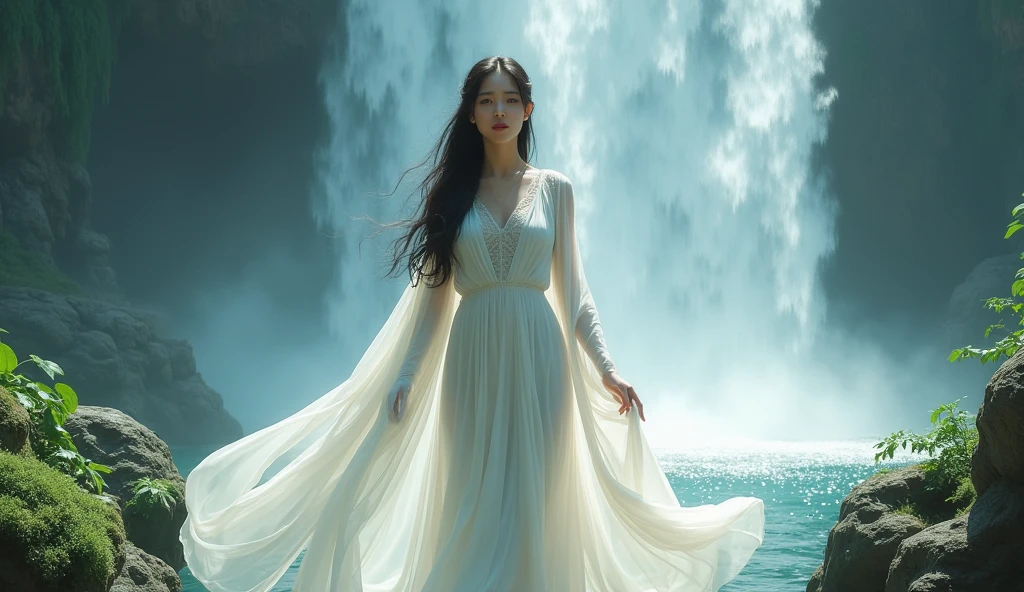 arafed woman in a white dress standing in front of a waterfall, a detailed matte painting inspired by Lan Ying, cgsociety contest winner, fantasy art, cinematic goddess shot, still from a fantasy movie, cinematic. by leng jun, a beautiful fantasy empress, cinematic goddess close shot, wearing flowing robes, cinematic goddess body shot, elegant cinematic fantasy art