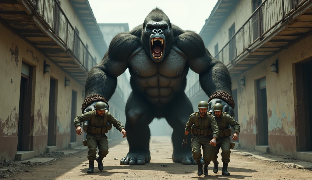 Create a highly detailed, 3D realistic render of an enraged gorilla, rundown jail courtyard, with rusty chains binding its wrists and ankles, surrounded by authoritarian army soldiers. The soldiers, dressed in worn, realistic uniforms, are forcefully dragging the gorilla towards a jail cell, ominous prison cell, intense facial expressions,. Style the image in a game art style, suitable for game. gorilla is so big and army officers are so tiny in front of gorilla 3d render, ultra quality , day time lighting
