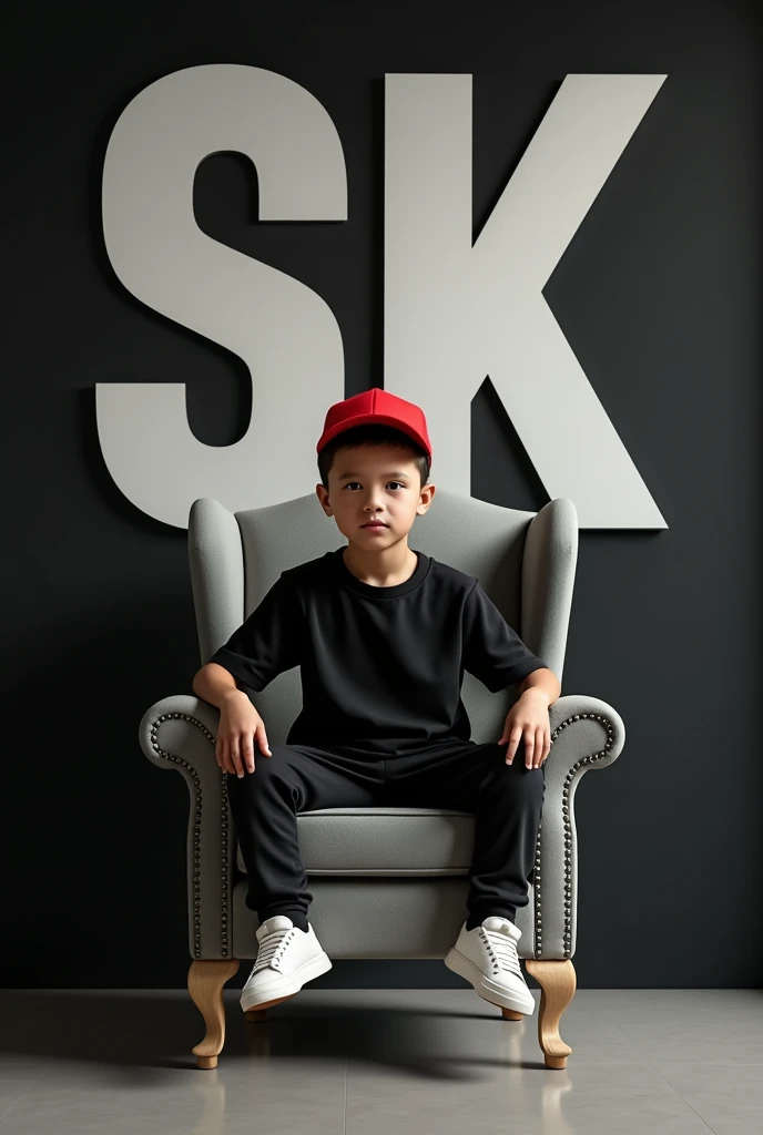 Create a 3D illusion for a Instagram profile picture where a 2 boy in a black shirt sits casually on a Wingback Chair. Wearing sneakers, a Red cricket cap, and , he looks ahead. The background features "SK" in big and capital white fonts on the black wall. There should not be his shadow, and there are  to make it appear as if he is an GAN FIRE