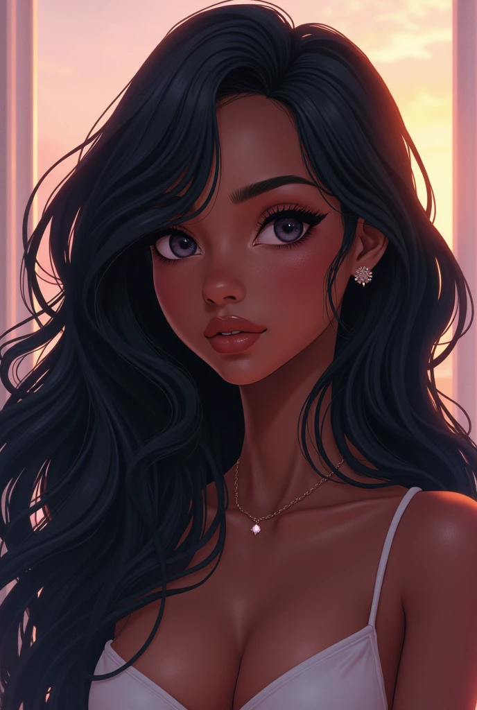 Anime black girl with long hair, alluring feminine, cute girl aesthetic, fully clothed