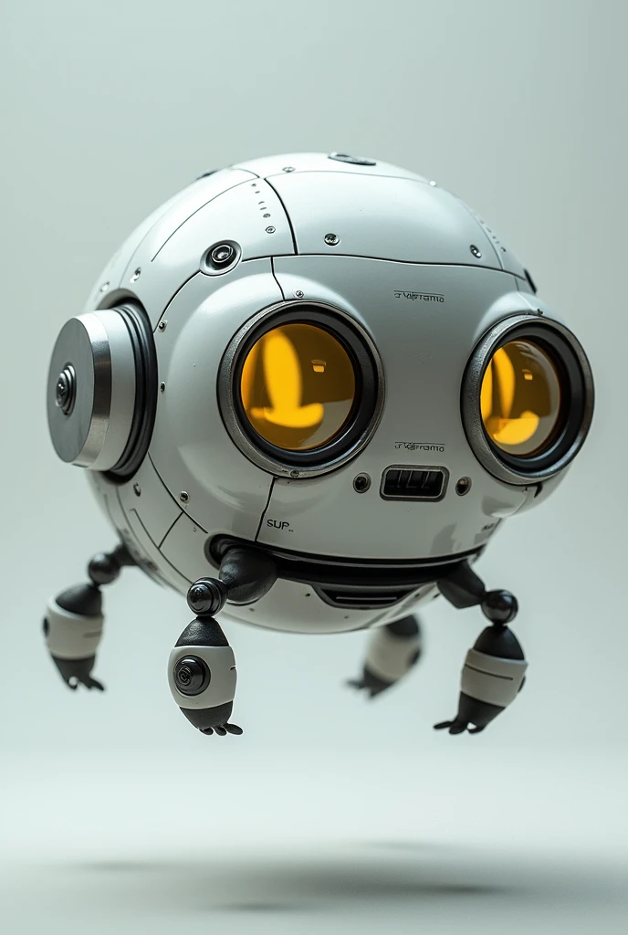 Robot ball floating. Binoculars eyes. Yellow white black . Flying