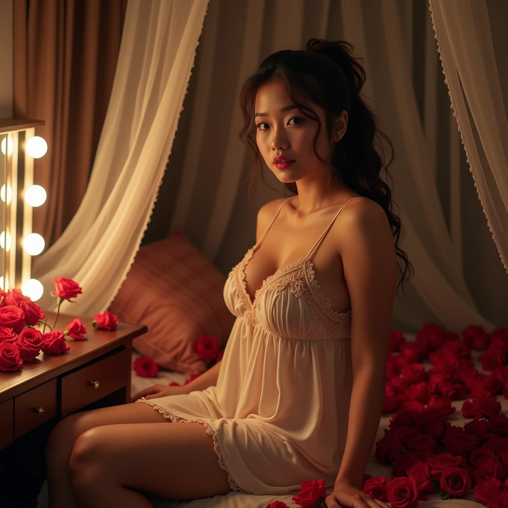 The malay girl (17yearsold), curvacious, tied hair, huge breasted, wearing sleeveless knee-lenght nightgown.  sitting at the dressing table. The luxurious bedroom is decorated with red roses and a mosquito net with the night light as a background detail. Look at the viewer, natural light, realistic photography, wide angle shot from side.