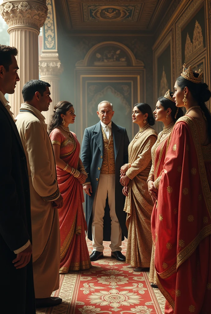 **East India Company Officials in Indian Royal Courts:** A depiction of British East India Company officials in the royal court of an Indian ruler, with a mix of tension and diplomacy, showcasing the cultural exchange and conflict.