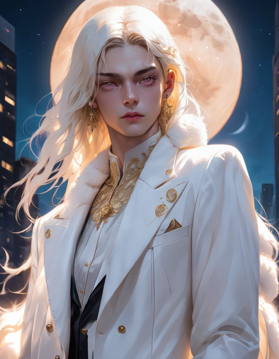 masterpiece, Highest quality, (alone focus), (Perfect Face:1.1), (Attention to detail:1.1), (Ultra-detailed eyes), dramatic, (1 person:0.5), (Pale skin), Long blonde hair, Psychic Eyes, (Thin eyebrows), alone, Long Hair, Jordan Barrett, moon, night, White luxury suit, Covered navel, Pouting, fur, Proud look, Future City, Detailed Background, Art by artgerm, Cinema Lighting, rose, fashion, Balenciaga Style