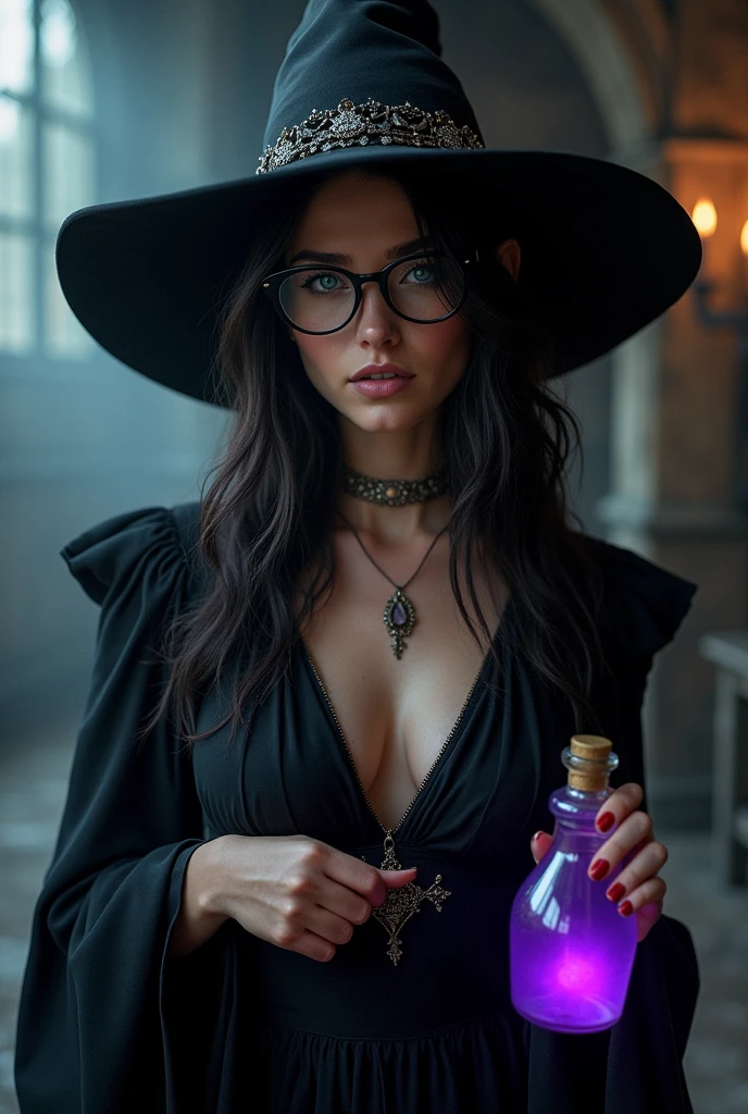 A medieval witch, with hat, beautiful, sexy, dressed in black, blue hair, with glasses, nose ring, and a purple bottle in his hand.