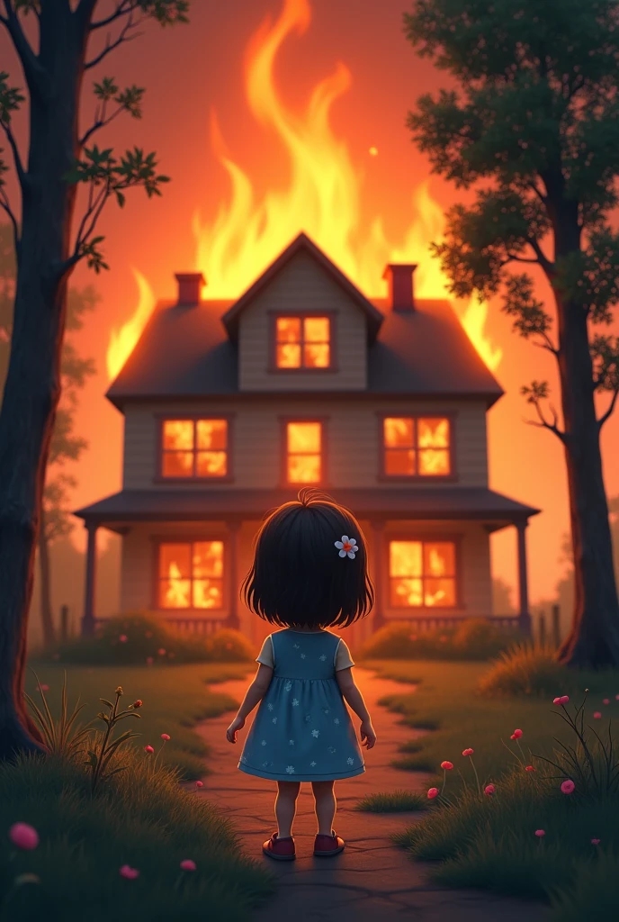 Cielo: A 4-year-old girl with short brown hair that reaches just above her ears. She has a small pink flower in her hair. She wears a blue dress with tiny white floral dots.
Cielo arrives at the house first, but her smile fades when she sees it engulfed in flames. The house is large and surrounded by trees. The fire reflects in her eyes as her face shows horror.In the scene she just shows her from behind and the house burned, she doesn't show her face, you have only been easy in the burnt house and she seeing him even though we can't see her face alone if she's going to be seeing her burned house