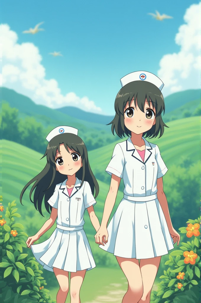 ghibli style of girls wearing white medical uniforms