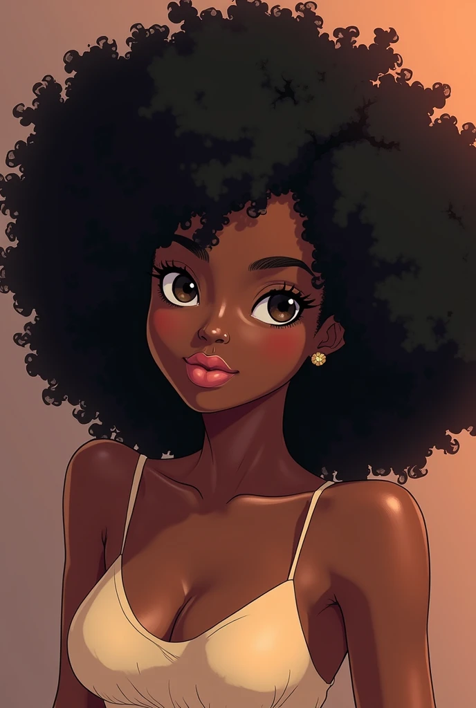 Anime black girl with very long curly afro hair, alluring feminine, cute girl aesthetic, fully clothed