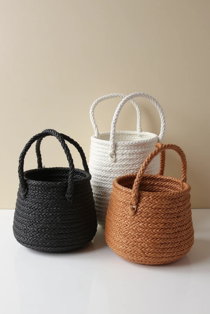 The three woven baskets each have a single color.,black,White and brown are you fucking retarded?