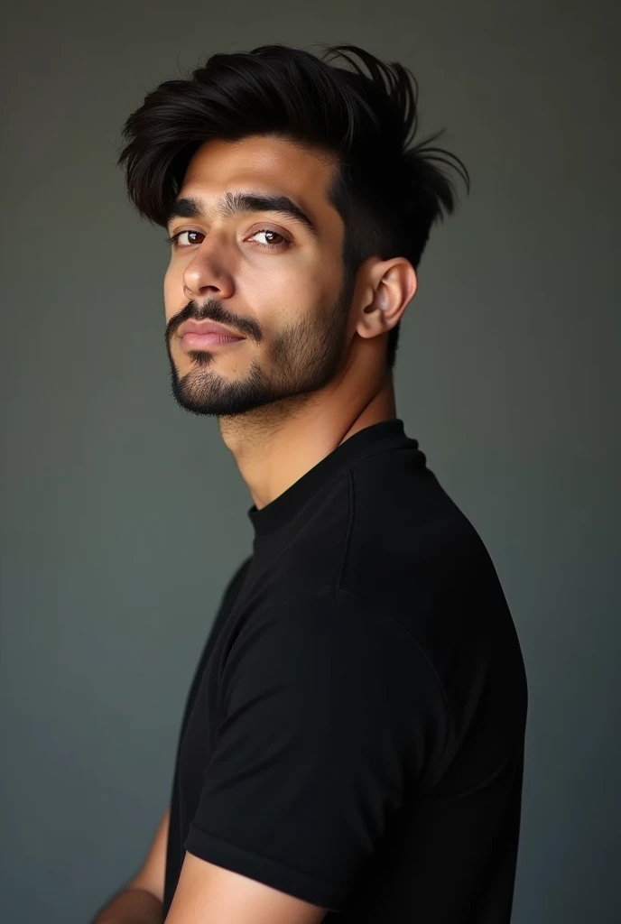 Handsome white Indian guy, 2, Korean glass skin, dark short hair
bit wider face, brown eyes and bit shorter hair
wider cheek
1 day beard
there is a line shaved in the right eyebrow, on a t-shirt fitting perfectly black t-shirt, looking back at camera pose photography
